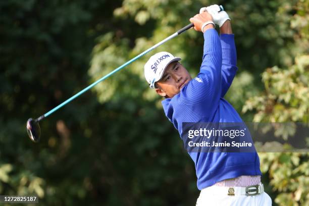 Hideki Matsuyama of Japan plays a tee shot during a practice round prior to the 120th U.S. Open Championship on September 16, 2020 at Winged Foot...