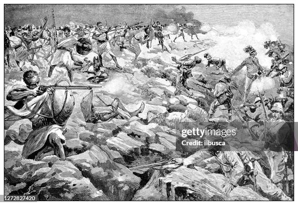 stockillustraties, clipart, cartoons en iconen met antieke illustratie van de eerste italo-ethiopische oorlog (1895-1896): de slag van mai marat - ethiopia