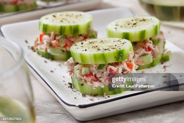 cucumber canape with creamy tuna salad - cucumber stock pictures, royalty-free photos & images