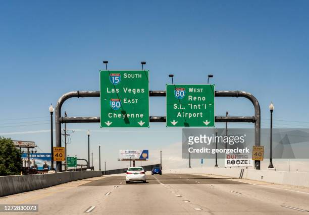 freeway signs for interstate 15 and interstate 80 - dashboard camera point of view stock pictures, royalty-free photos & images