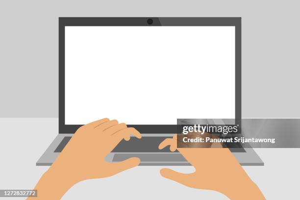 laptop with blank screen and hands on keyboard - working on laptop close up stock illustrations