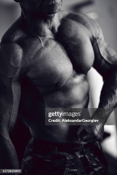 pectoral strength und definition von reifen männlichen bodybuilder - menschlicher muskel stock-fotos und bilder