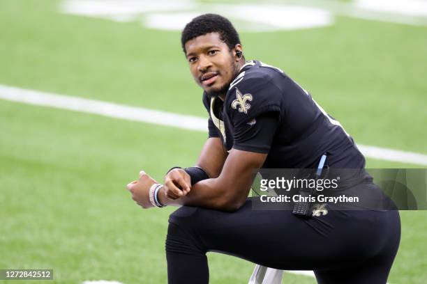 Jameis Winston of the New Orleans Saints looks on during the game against the Tampa Bay Buccaneers at Mercedes-Benz Superdome on September 13, 2020...