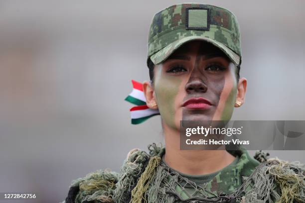 Mexican soldier poses during the Independence Day military parade at Zocalo Square on September 16, 2020 in Various Cities, Mexico. This year El...