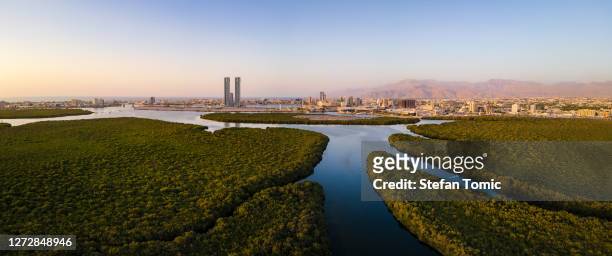 ras al khaimah emirat skyline steigt über den mangroven und dem bach in den vereinigten arabischen emiraten bei sonnenuntergang - ras al khaimah stock-fotos und bilder