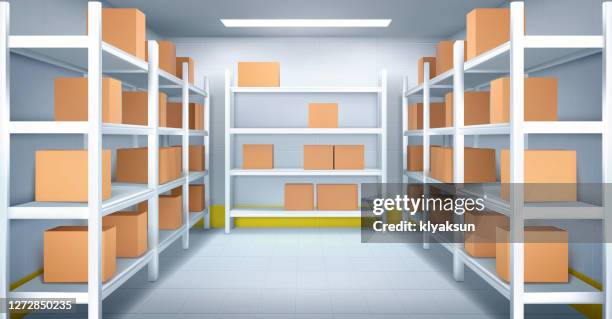 cold room in warehouse with with boxes racks - warehouse shelves stock illustrations