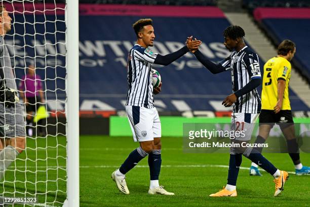 Callum Robinson of West Bromwich Albion celebrates scoring with Kyle Edwards during the Carabao Cup Second Round game between West Bromwich Albion...