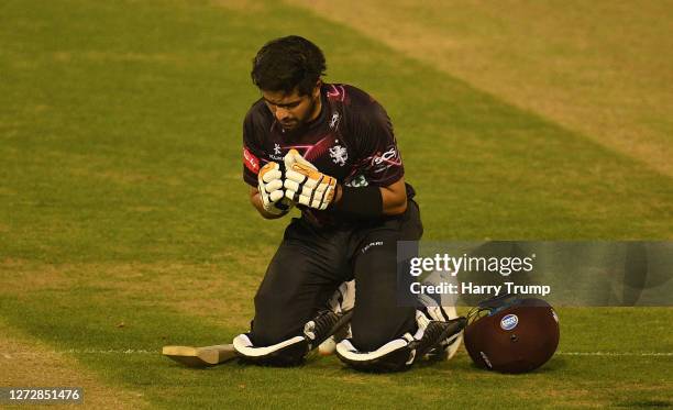 Babar Azam of Somerset celebrates after reaching his century during the Vitality Blast match between Glamorgan and Somerset at Sophia Gardens on...