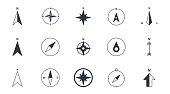 Vector compass icons. North south west and east. Wind rose icon, north arrow. Black and white symbols. Editable stroke