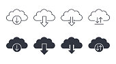 Vector cloud download icons. Linear filled marks editable strokes. Download, upload on the site and in the application, settings and preferences symbols
