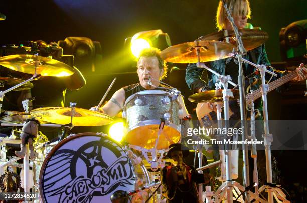 Joey Kramer and Tom Hamilton of Aerosmith perform at Oakland Arena on February 8, 2006 in Oakland, California.