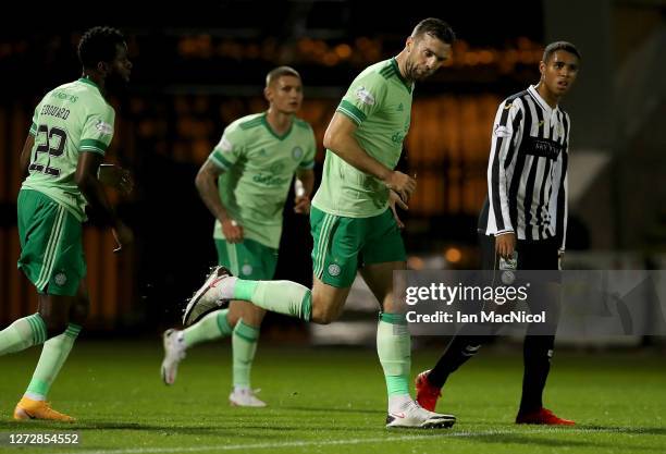 Shane Duffy of Celtic celebrates after scoring his team's first goal during the Ladbrokes Scottish Premiership match between St. Mirren and Celtic at...