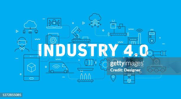 industry 4.0 related modern line style vector illustration - digitalisation data stock illustrations