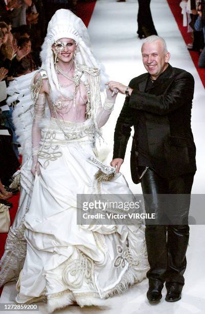 Fashion designer Jean Paul Gaultier walks the runway during the Jean Paul Gaultier Haute Couture Fall/Winter 2002-2003 fashion show as part of the...