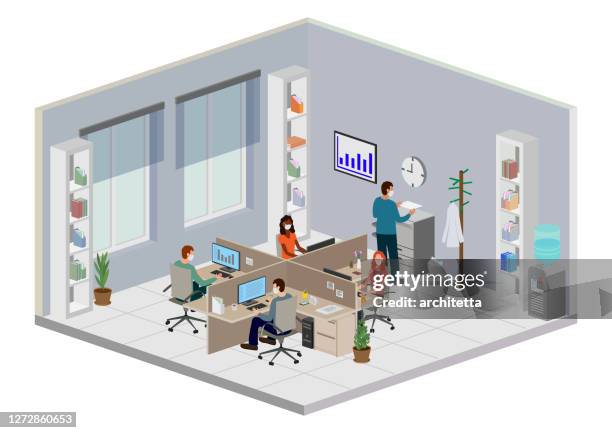 ilustrações de stock, clip art, desenhos animados e ícones de office workers with facemask isometric perspective - casa interior