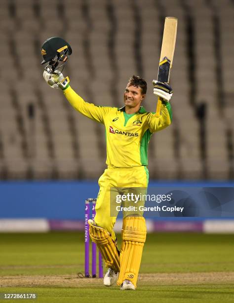 Alex Carey of Australia celebrates reaching his century during the 3rd Royal London One Day International Series match between England and Australia...