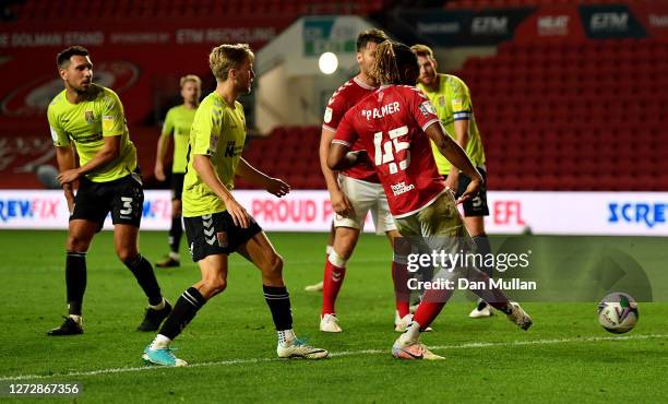 Kasey Palmer of Bristol City scores his team's fourth goalduring Carabao Cup Second Round match between Bristol City and Northampton Town at Ashton...