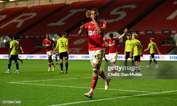 Kasey Palmer of Bristol City celebrates after scoring his sides fourth goal during Carabao Cup Second Round match between Bristol City and...