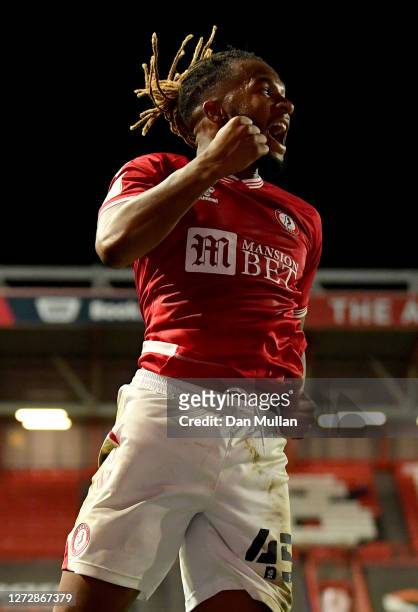 Kasey Palmer of Bristol City celebrates after scoring his sides fourth goal during Carabao Cup Second Round match between Bristol City and...