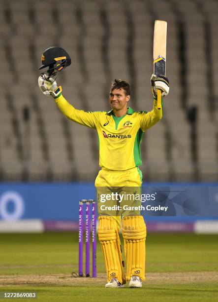 Alex Carey of Australia celebrates reaching his century during the 3rd Royal London One Day International Series match between England and Australia...