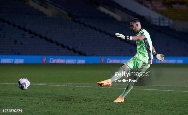 Kiko Casilla of Leeds United scores his team's ninth penalty in a penalty shoot out during the Carabao Cup Second Round match between Leeds United...