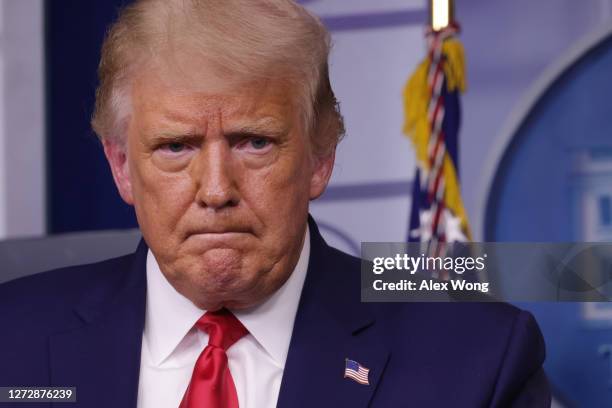 President Donald J. Trump speaks to the press during a news conference in the James Brady Press Briefing Room of the White House on September 16,...