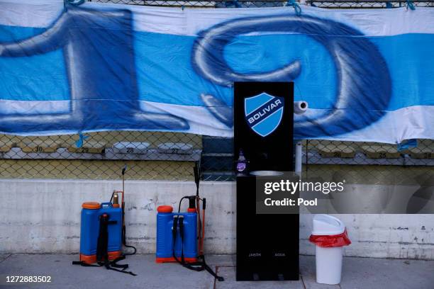 Disinfecting gear to prevent COVID-19 is set up before a group B match of Copa CONMEBOL Libertadores 2020 between Bolivar and Palmeiras at Estadio...