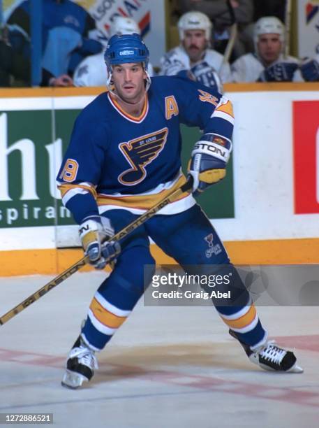 Brendan Shanahan of the St. Louis Blues skates against the Toronto Maple Leafs during NHL game action on March 7, 1994 at Maple Leaf Gardens in...