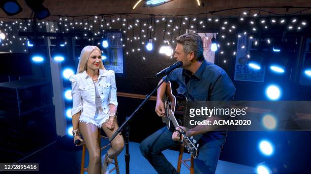 In this screengrab, Gwen Stefani and Blake Shelton perform during the 55th Academy of Country Music Awards on August 31, 2020 in Los Angeles,...