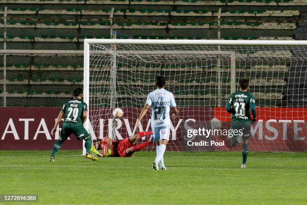 Willian of Palmeiras takes a penalty kick to score the opening goal past Javier Rojas Iguaro of Bolivar during a group B match of Copa CONMEBOL...