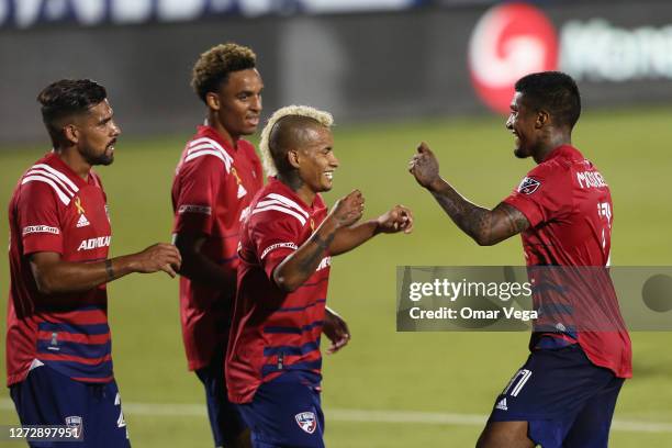 Santiago Mosquera of FC Dallas celebrates with his team mates after score his 1st goal during the MLS game between FC Dallas and Colorado Rapids at...