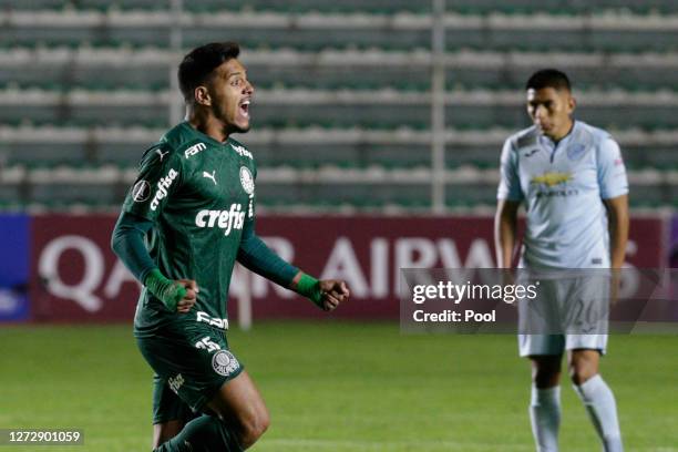 Gabriel Menino of Palmeiras celebrates after scoring the second goal of his team during a group B match of Copa CONMEBOL Libertadores 2020 between...