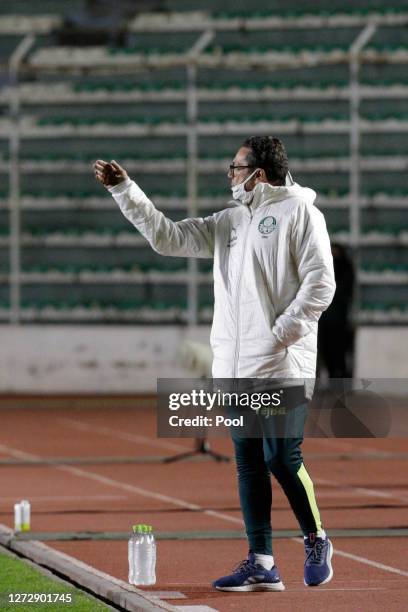 Vanderlei Luxemburgo Head Coach of Palmeiras gestures during a group B match of Copa CONMEBOL Libertadores 2020 between Bolivar and Palmeiras at...