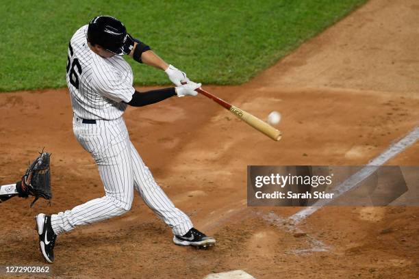 Kyle Higashioka of the New York Yankees hits a home run during the sixth inning against the Toronto Blue Jays at Yankee Stadium on September 16, 2020...