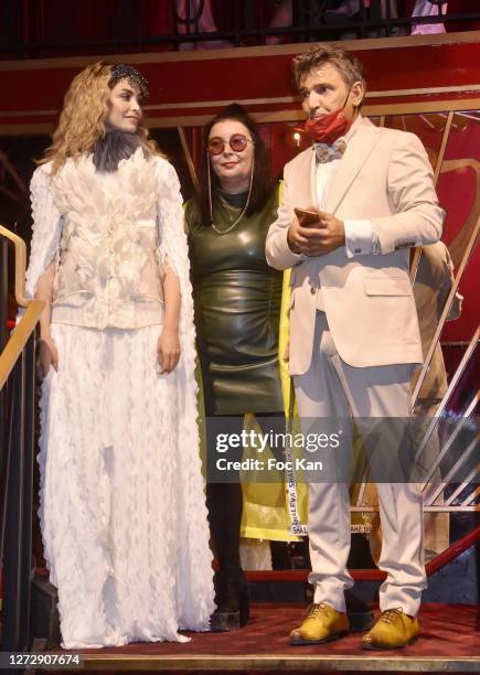 Influencer/model Celine Morel, designer Dushica Petit for Shaleva and "Le Petit Echo De L'Art Et De La Mode editor in chief Luigi di Donna attend...