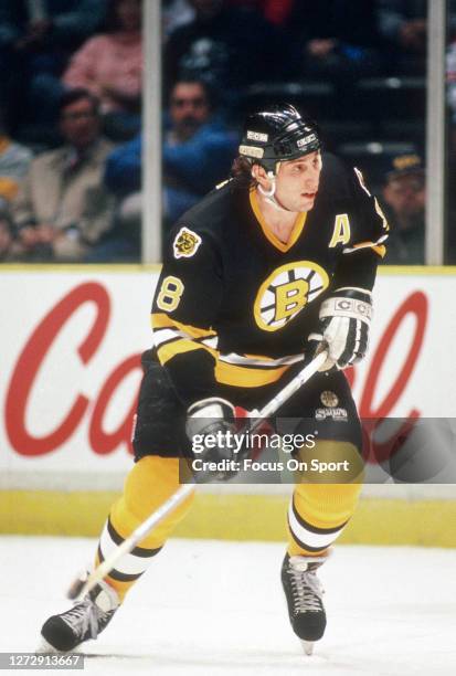 Cam Neely of the Boston Bruins skates against the New Jersey Devils during an NHL hockey game circa 1990 at the Brendan Byrne Arena in East...