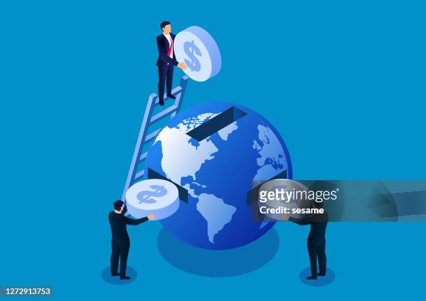 three businessmen put gold coins into the earth, the concept of global financial trade and global business investment - international economic assistance stock illustrations
