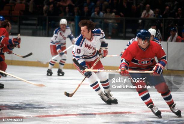 Ron Duguay of the New York Rangers skates against the Montreal Canadiens during an NHL Hockey game circa 1979 at Madison Square Garden in the...
