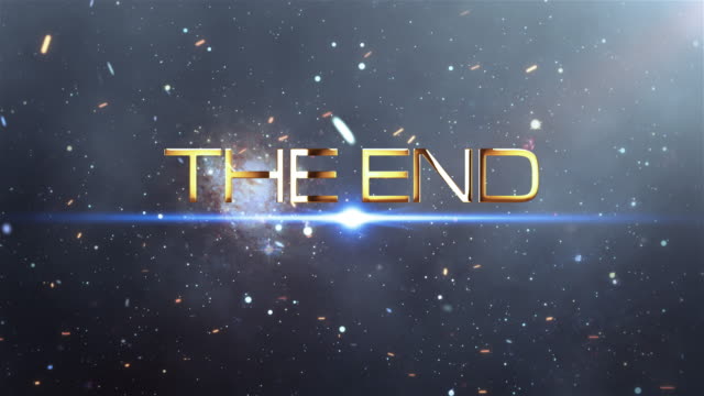 The End futuristic cinematic sci-fi stock video footage. 4K 3D rendering Title showing The End golden text message with futuristic technology motion background with flash light and lens flare burst.