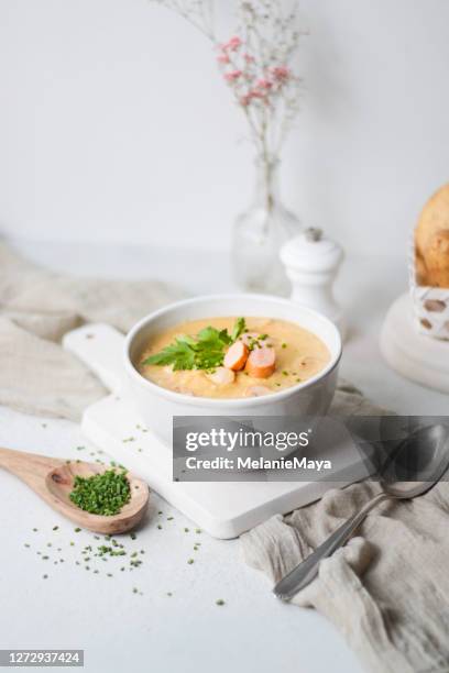 german potato soup bowl with wienerwurst - soup bowl stock pictures, royalty-free photos & images