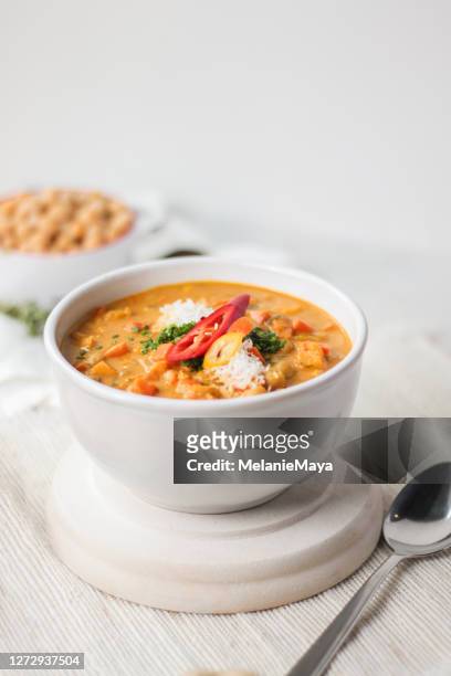 veganes chick-erbsen-curry mit chili und gemüse - currypulver stock-fotos und bilder