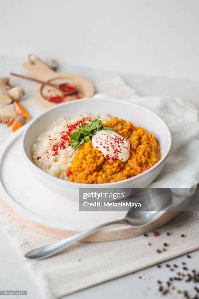 Dhaal Rice Indian Dhal Curry With Chili And Rice High-Res Stock Photo - Getty Images