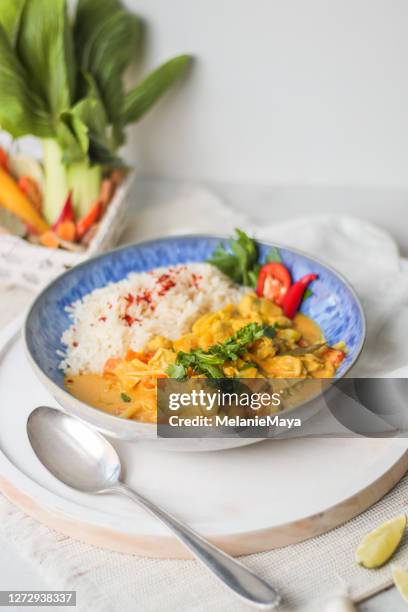 thai yellow chicken curry soup with chili and lime - mangoes stock pictures, royalty-free photos & images