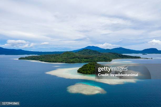 aerial view of tropical islands and exposed coral reef, kimbe bay, papua new guinea. - list of islands by highest point stock pictures, royalty-free photos & images