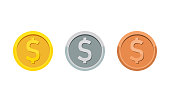 Gold, silver and bronze coins with dollar symbol. Rank medal flat icon set. Vector on isolated white background. EPS 10