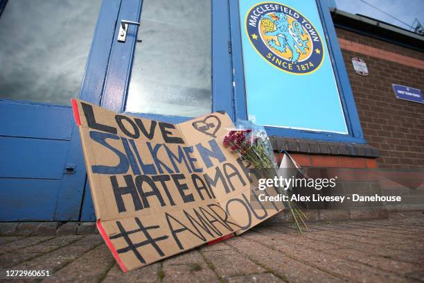 Sign attacking Amar Alkadhi the Chairman of Macclesfield Town is seen outside Moss Rose ground, home of Macclesfield Town on September 17, 2020 in...