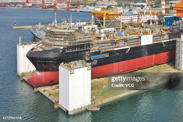 Krill transportation vessel of Aker BioMarine sits under construction at CIMC Raffles Offshore Engineering Pte Ltd on September 17, 2020 in Yantai,...