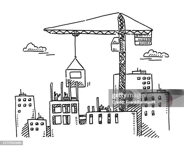 city building construction site crane drawing - building activity stock illustrations