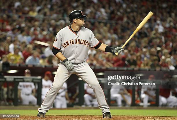 Eli Whiteside of the San Francisco Giants bats against the Arizona Diamondbacks during the Major League Baseball game at Chase Field on September 23,...