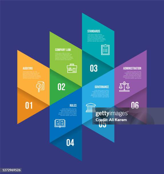 infographic design template. auditing, company law, standards, rules, governance, administration icons with 6 options or steps. - file folder infographic stock illustrations
